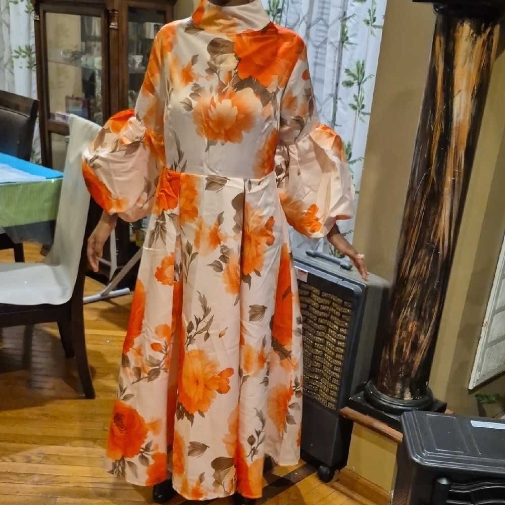 NEW--#Orange Floral Maxi Dress with Balloon Sleeves